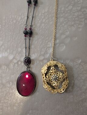 Set Of 2: Gold Floral Filigree Pendant Necklace with Deep Red Glass Pendant